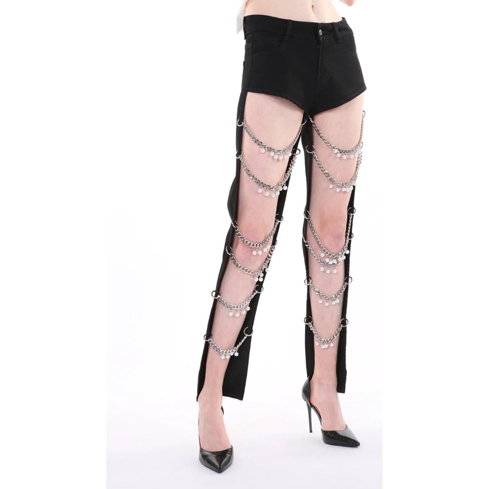 Beulah Style Chain Linked Pearl Embellished Cutout Denim Pants - Picture 3 of 16